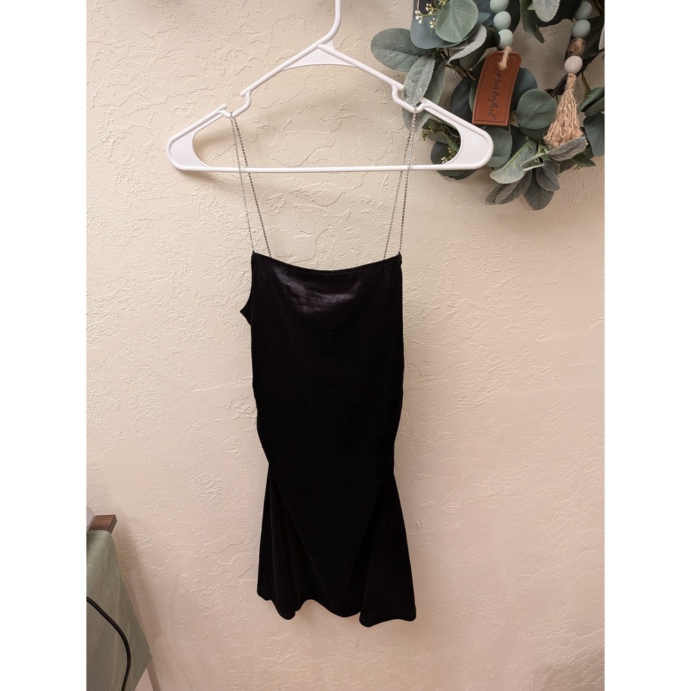 H&M Divided Black Velvet Mini‎ Dress Rhinestone Straps Night Out size small